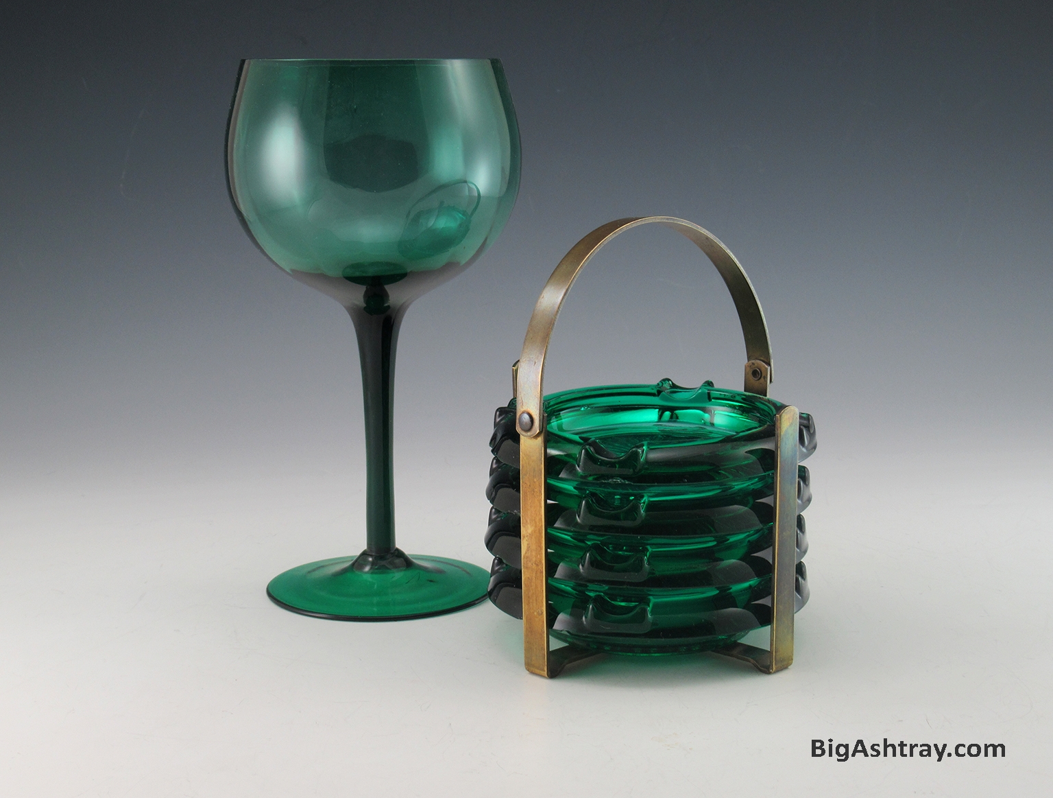 Antique Teal Glass Prohibition Speakeasy Ashtray Set and Holder - Image 2