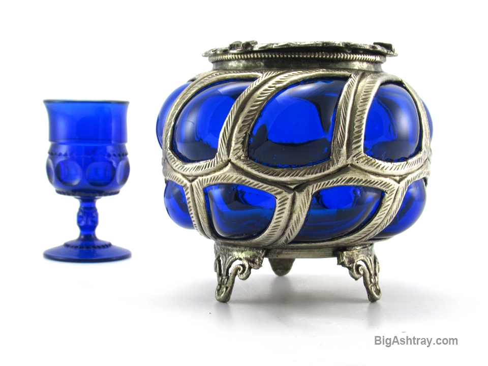 Cobalt Blue Caged Glass Ashtray Bowl Blown into Metal - Image 2