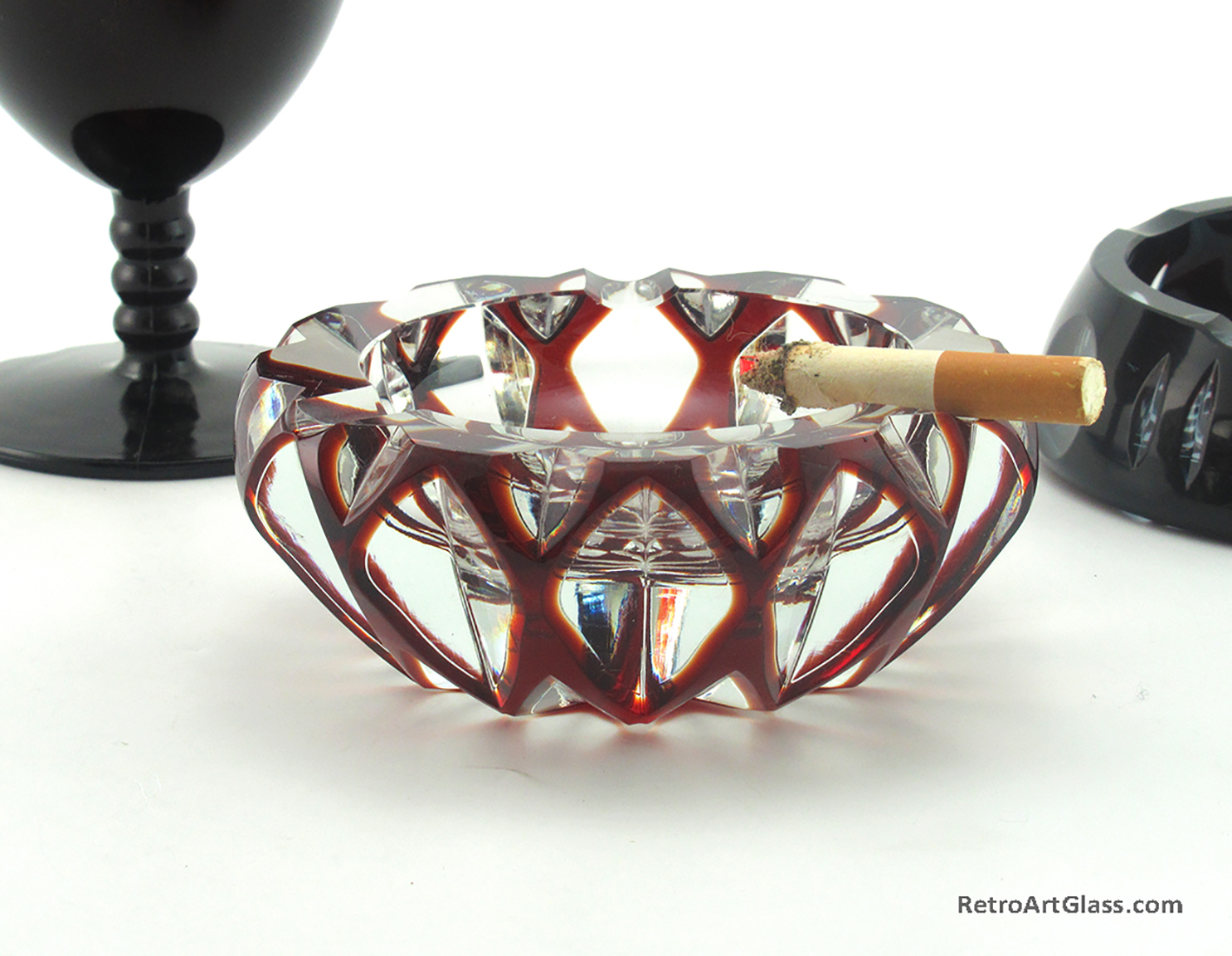 Antique Crystal Ruby Cut to Clear Upscale Ashtray