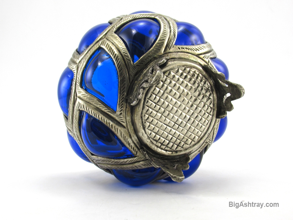 Cobalt Blue Caged Glass Ashtray Bowl Blown into Metal - Image 6