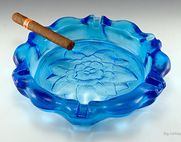 Big Blue Magnolia Glass Ashtray Made in USA 1960s-1970s