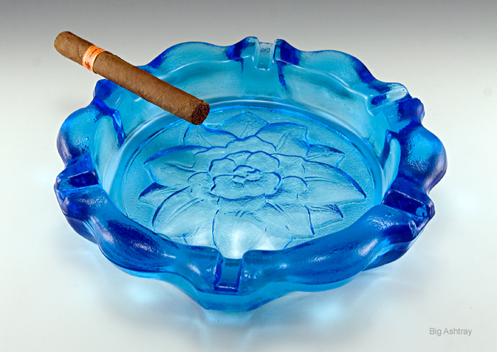 Big Blue Magnolia Glass Ashtray Made in USA 1960s-1970s
