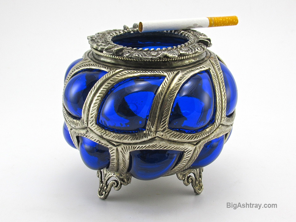 Cobalt Blue Caged Glass Ashtray Bowl Blown into Metal - Image 5