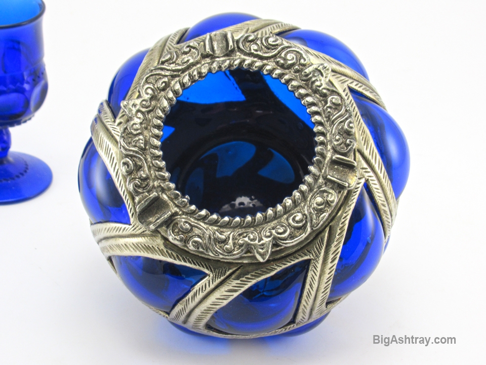 Cobalt Blue Caged Glass Ashtray Bowl Blown into Metal - Image 4