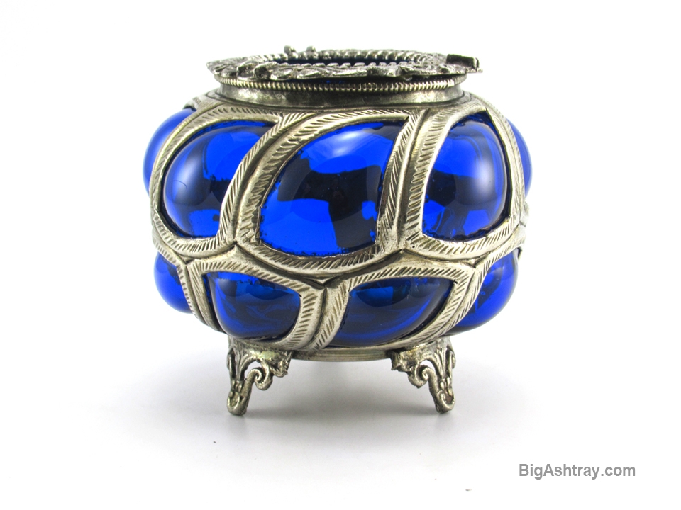 Cobalt Blue Caged Glass Ashtray Bowl Blown into Metal