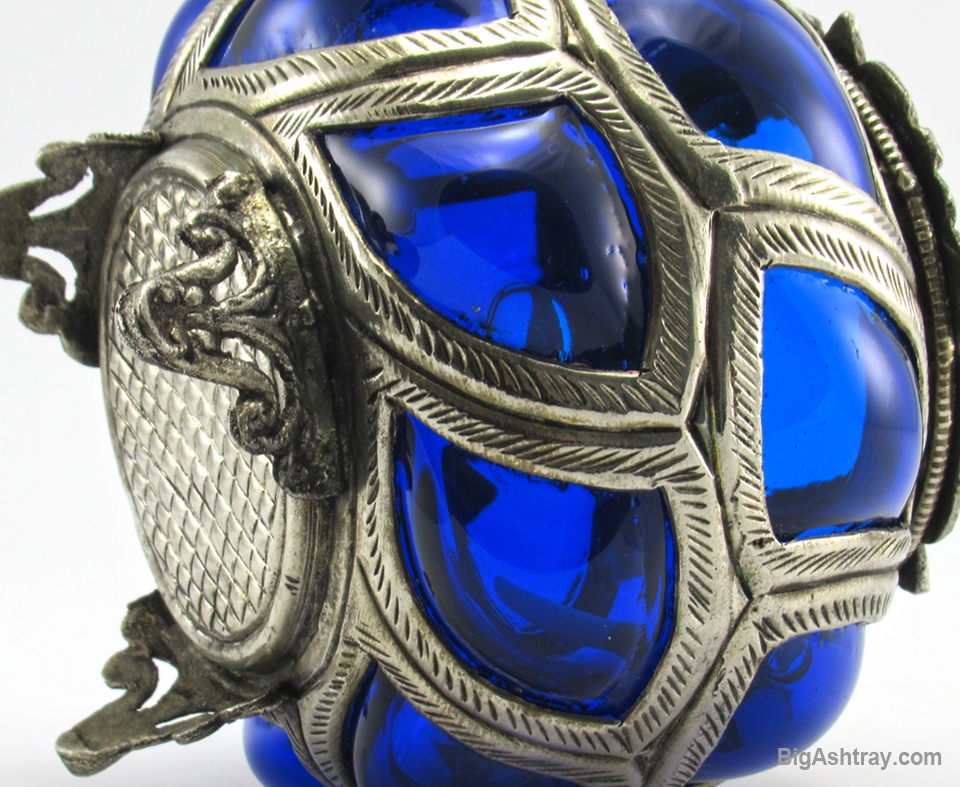 Cobalt Blue Caged Glass Ashtray Bowl Blown into Metal - Image 3