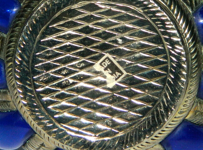 Cobalt Blue Caged Glass Ashtray Bowl Blown into Metal - Image 7