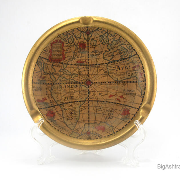 Old Renaissance Era World Map Ashtray Signed Italy
