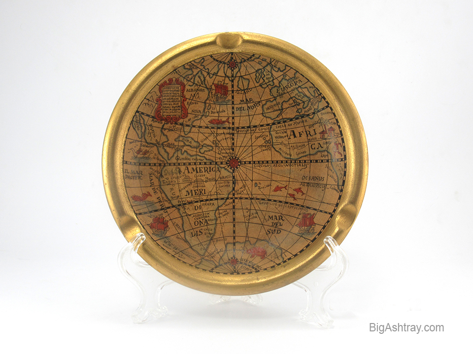 Old Renaissance Era World Map Ashtray Signed Italy