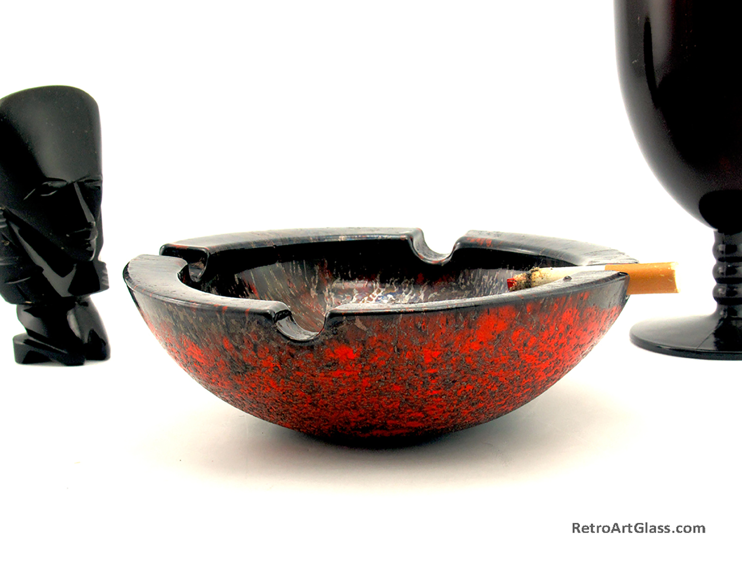Barbaric Style Black, Red and Aventurine Art Glass Ashtray