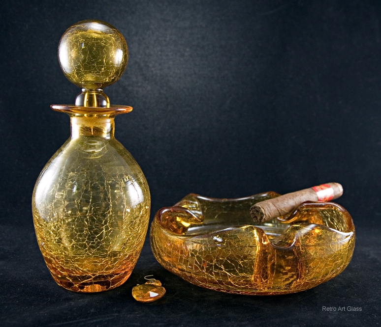 Vintage Luxury Amber Crackle Glass Whiskey Decanter and Cigar Ashtray