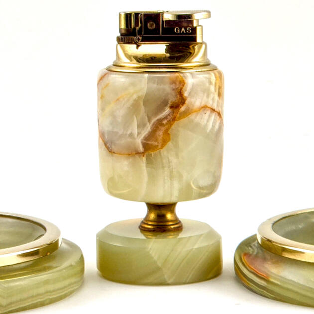 Vintage Italian Marble Ashtray Set with Matching Working Lighter