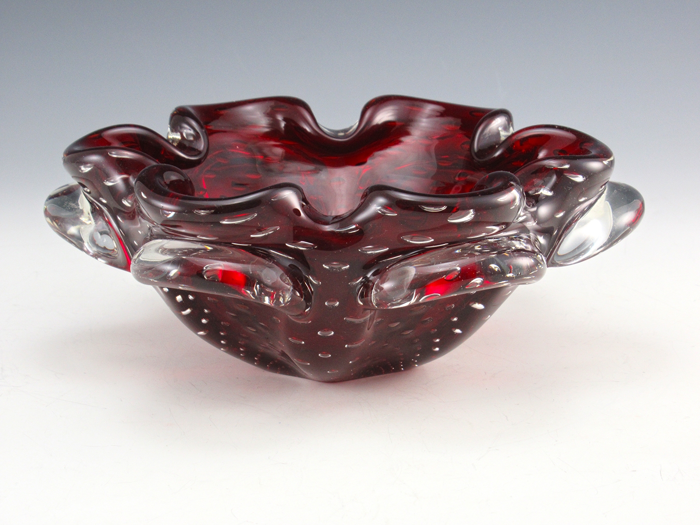 Vintage Cased Ruby Glass Ashtray with Trapped Bubbles Hand-Made